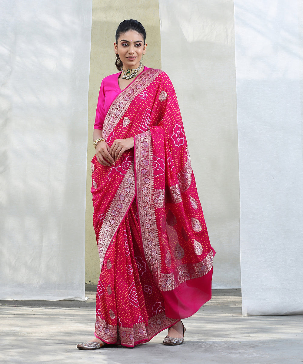 Rani_Pink_Handloom_Georgette_Banarasi_Bandhej_Saree_with_Kadhwa_Booti_WeaverStory_02