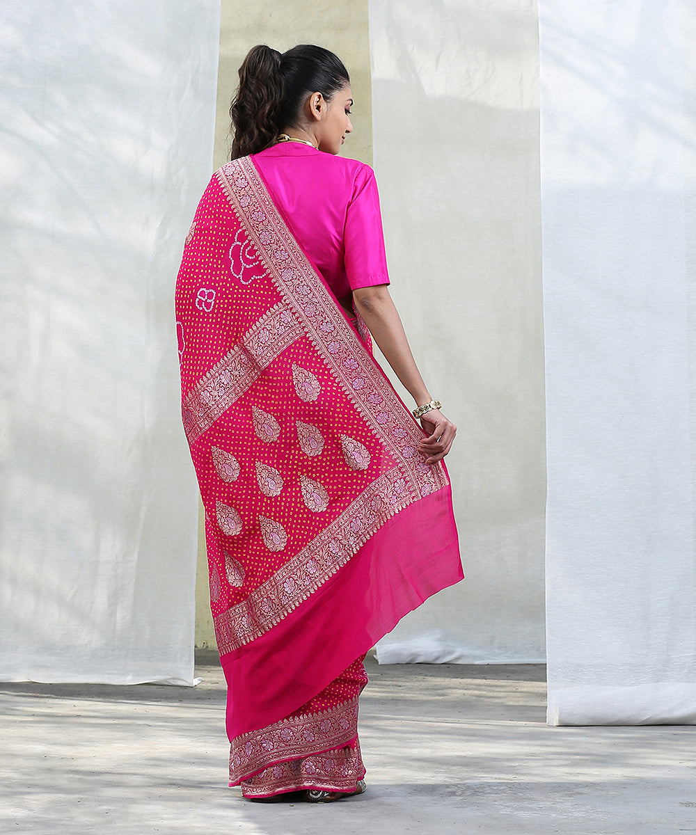 Rani_Pink_Handloom_Georgette_Banarasi_Bandhej_Saree_with_Kadhwa_Booti_WeaverStory_03