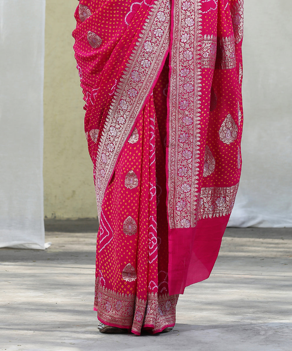 Rani_Pink_Handloom_Georgette_Banarasi_Bandhej_Saree_with_Kadhwa_Booti_WeaverStory_04