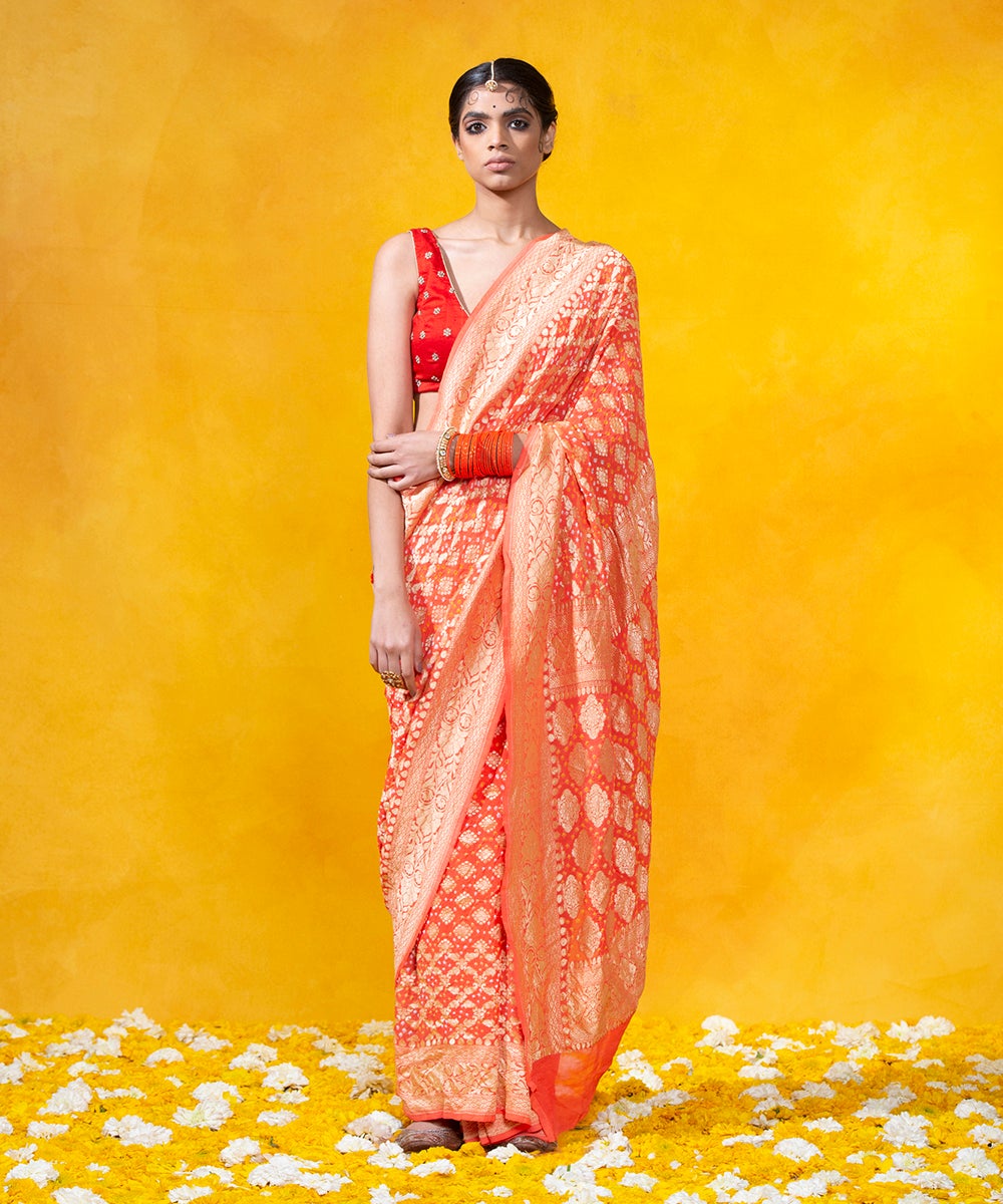 Handloom_Orange_Georgette_Banarasi_Bandhej_Saree_With_Cutwork_Weave_WeaverStory_02