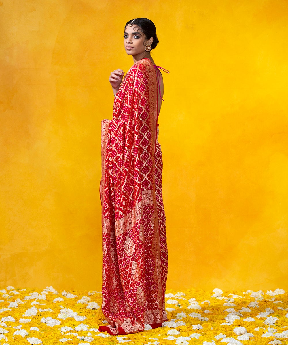 Red_Handloom_Georgette_Banarasi_Bandhej_Saree_With_Cutwork_Weave_WeaverStory_03
