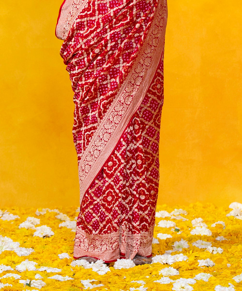 Red_Handloom_Georgette_Banarasi_Bandhej_Saree_With_Cutwork_Weave_WeaverStory_04