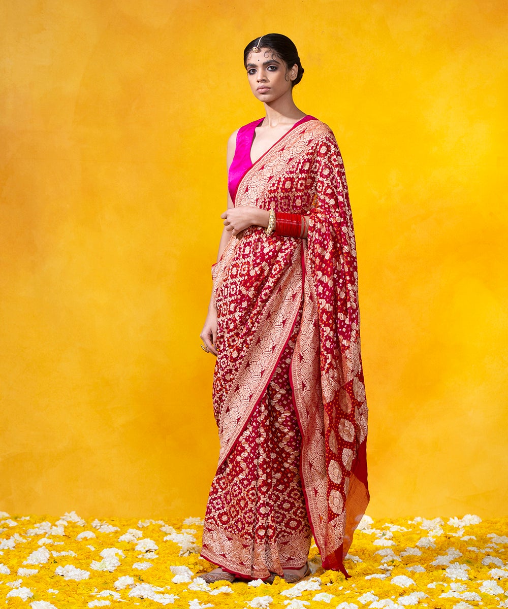 Handloom_Red_Georgette_Banarasi_Bandhej_Saree_With_Cutwork_Weave_and_Zari_Border_WeaverStory_02
