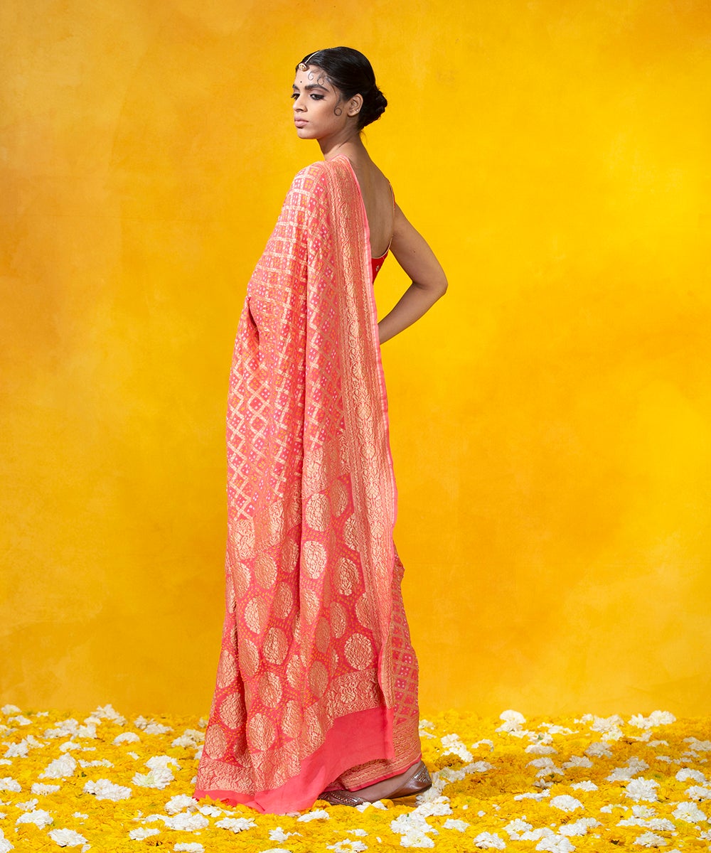 Handloom_Peach_Georgette_Banarasi_Bandhej_Saree_With_Cutwork_Weave_WeaverStory_03
