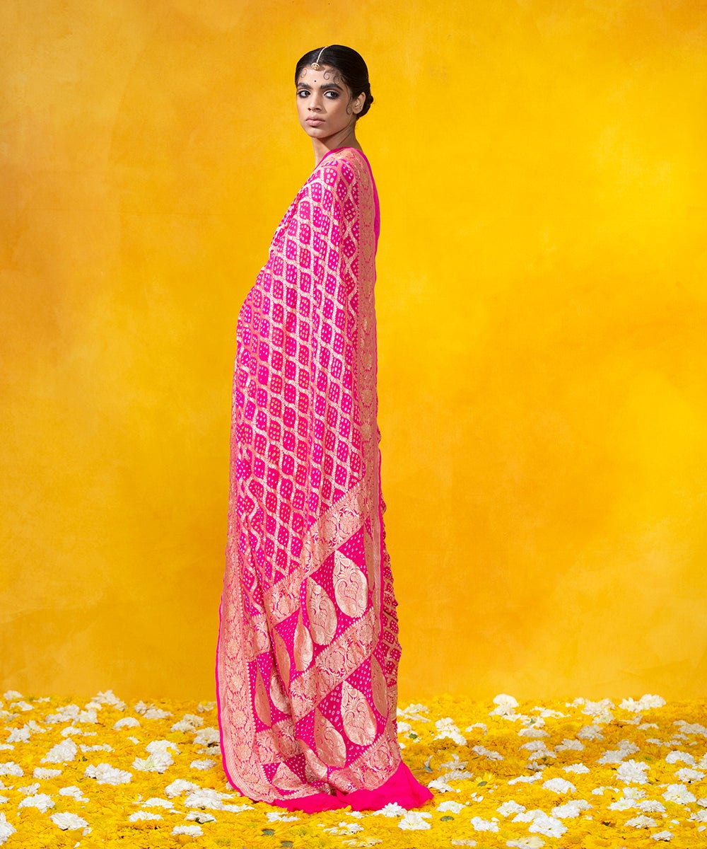 Handloom_Hot_Pink_Georgette_Banarasi_Bandhej_Saree_With_Cutwork_Weave_WeaverStory_03