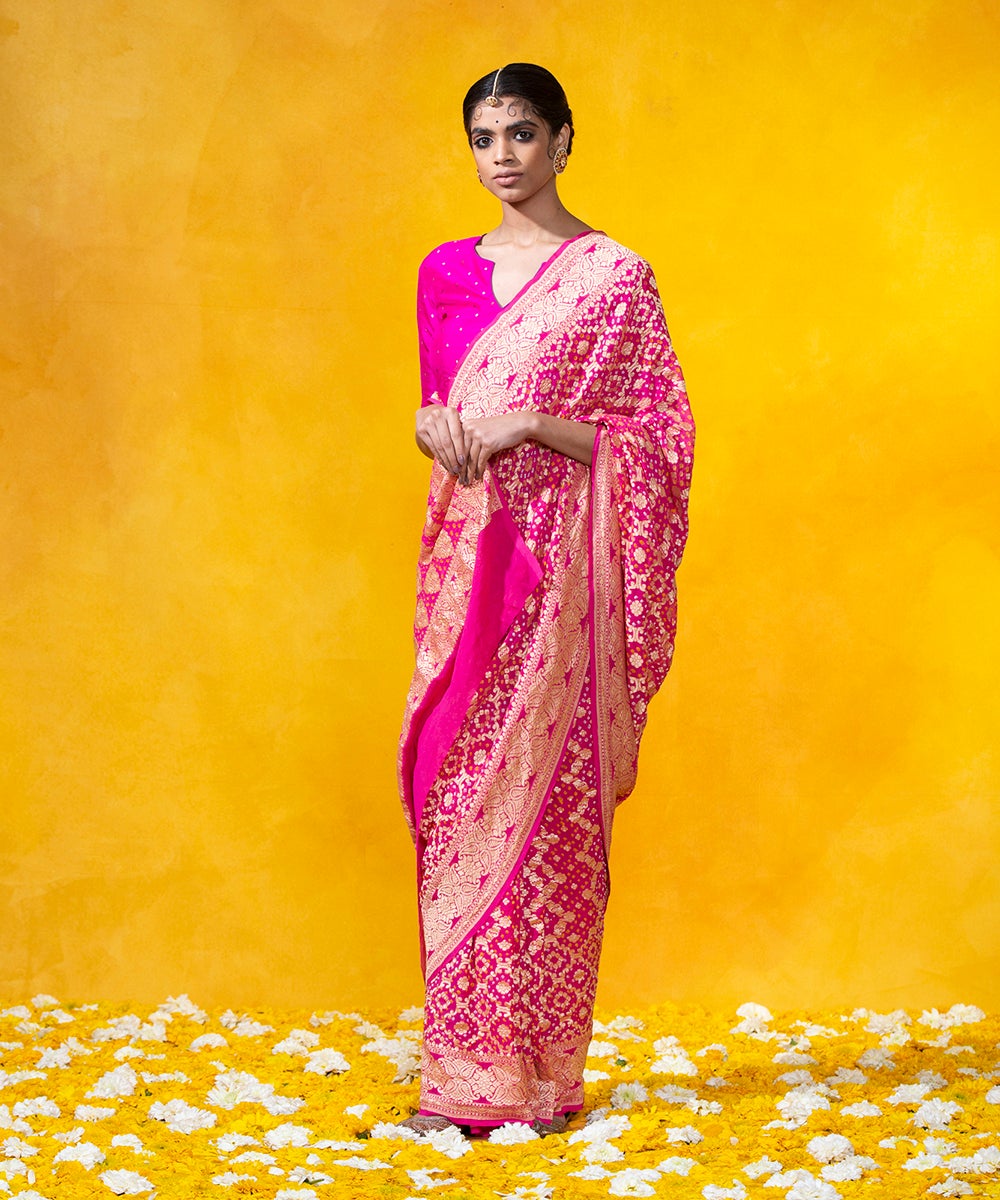 Handloom_Pink_Georgette_Banarasi_Bandhej_Saree_With_Cutwork_Weave_WeaverStory_02