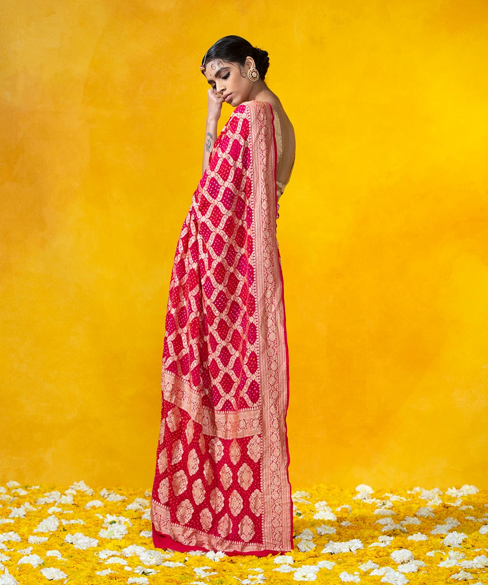 Bold_Red_Handloom_Georgette_Banarasi_Bandhej_Saree_With_Cutwork_Weave_and_Floral_Zari_Border_WeaverStory_03