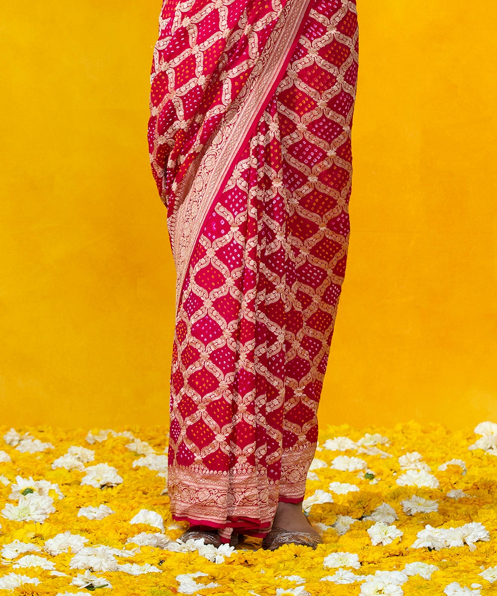 Bold_Red_Handloom_Georgette_Banarasi_Bandhej_Saree_With_Cutwork_Weave_and_Floral_Zari_Border_WeaverStory_04