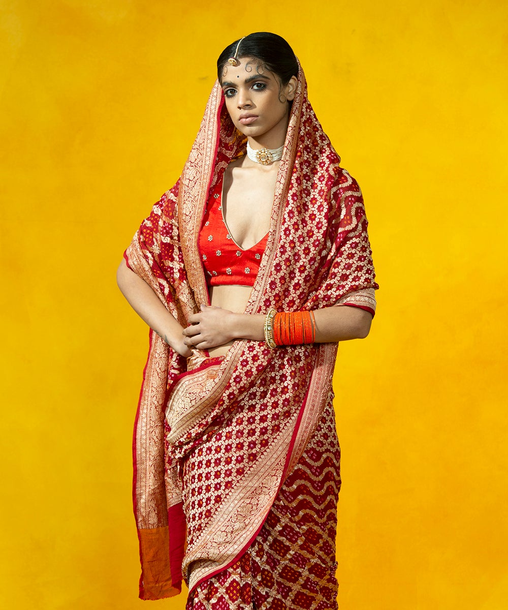 Handloom_Red_Bandhej_Saree_With_Cutwork_Weave_in_Banarasi_Georgette_WeaverStory_01
