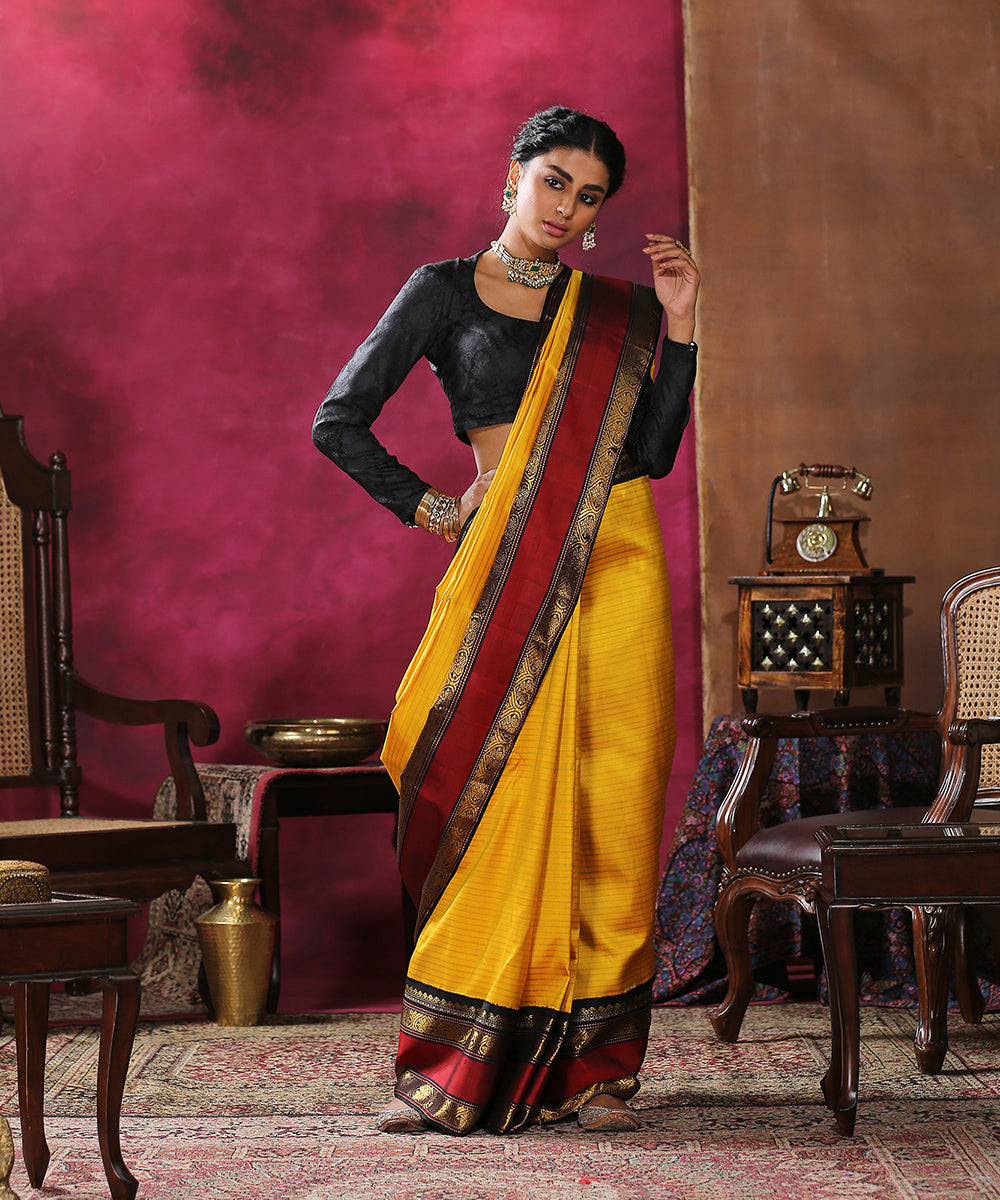 Yellow_Handloom_Pure_Silk_Kanjivaram_Saree_With_Horizontal_Stripes_And_Black_And_Maroon_Border_WeaverStory_02