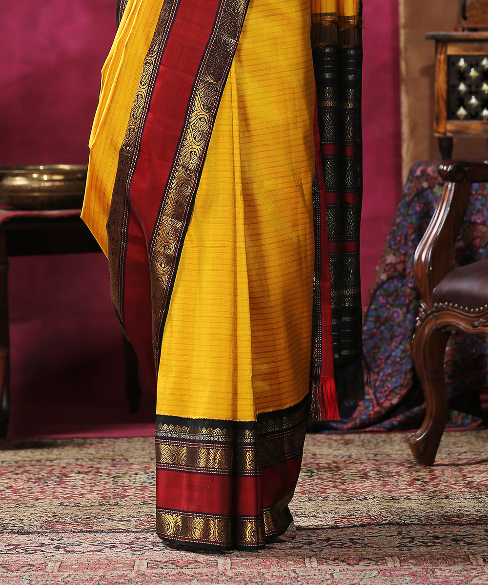 Yellow_Handloom_Pure_Silk_Kanjivaram_Saree_With_Horizontal_Stripes_And_Black_And_Maroon_Border_WeaverStory_04