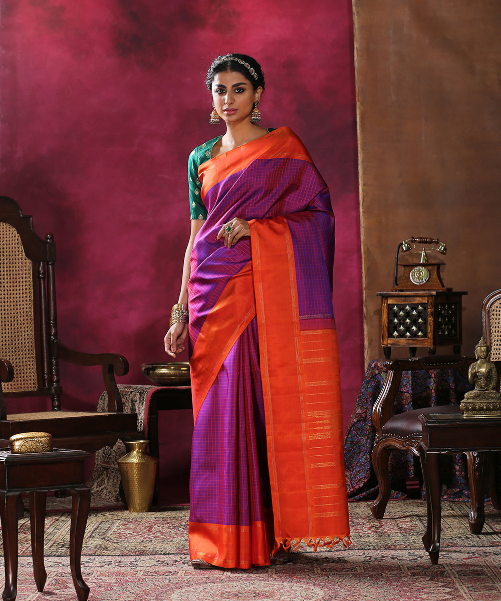 Purple_Handloom_Checks_Pure_Silk_Kanjivaram_Saree_With_Orange_Border_WeaverStory_02