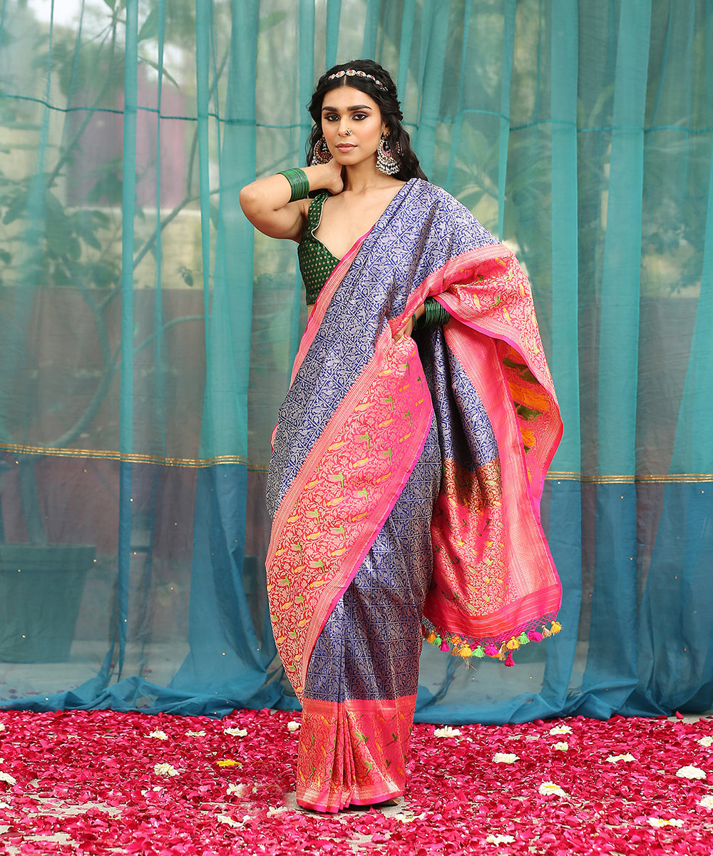 Blue_Handloom_Brocade_Shikargah_Katan_Silk_Banarasi_Saree_With_Pink_Meenakari_Border_WeaverStory_02
