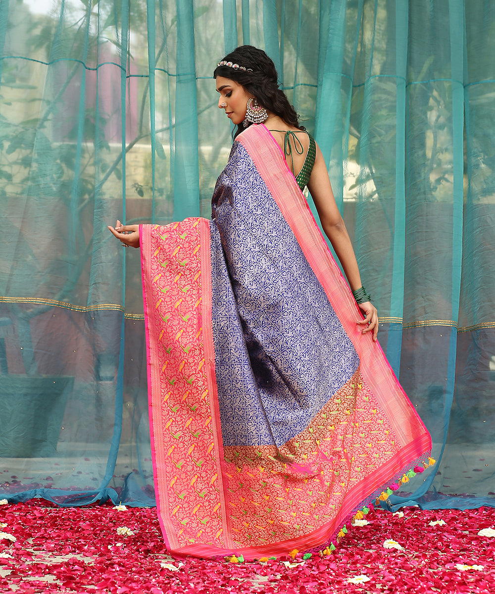 Blue_Handloom_Brocade_Shikargah_Katan_Silk_Banarasi_Saree_With_Pink_Meenakari_Border_WeaverStory_03