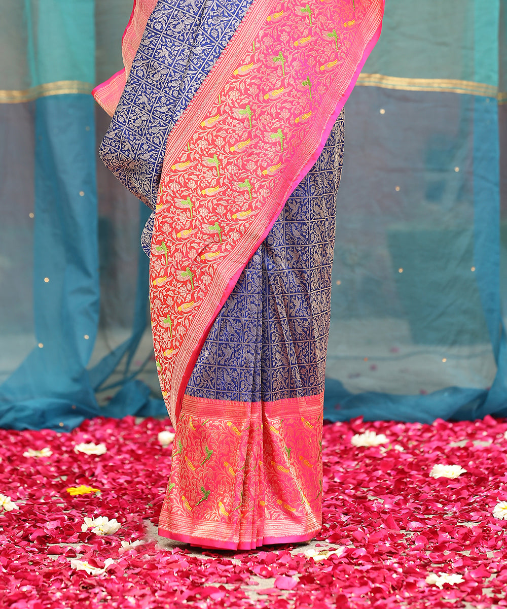 Blue_Handloom_Brocade_Shikargah_Katan_Silk_Banarasi_Saree_With_Pink_Meenakari_Border_WeaverStory_04