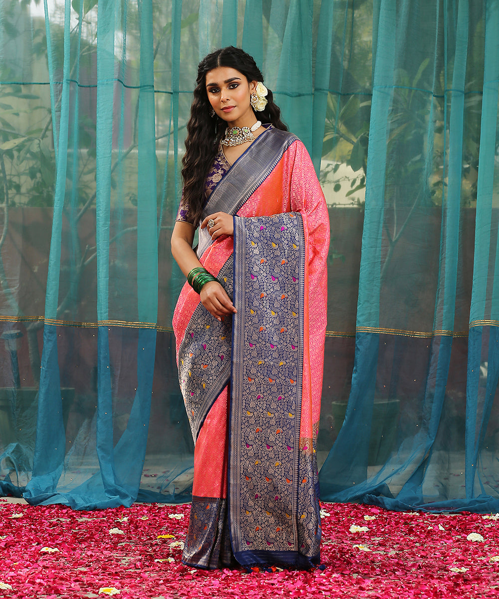 Handloom_Pink_And_Orange_Brocade_Pure_Katan_Silk_Shikargah_Banarasi_Saree_With_Blue_Meenakari_Border_WeaverStory_02