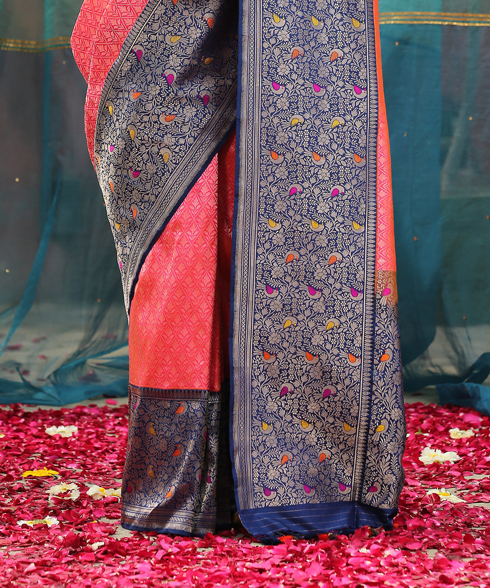 Handloom_Pink_And_Orange_Brocade_Pure_Katan_Silk_Shikargah_Banarasi_Saree_With_Blue_Meenakari_Border_WeaverStory_04