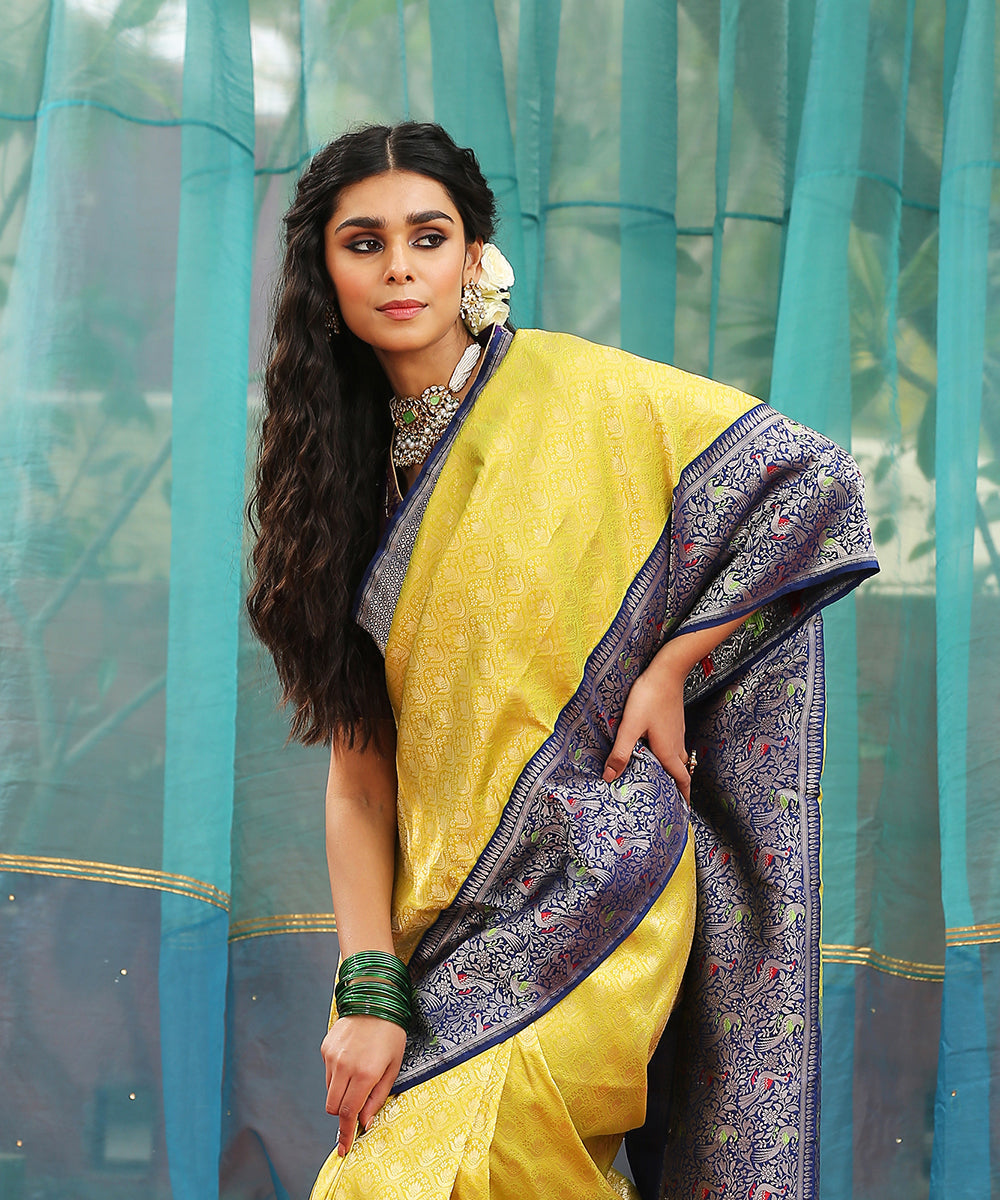 Handloom_Lime_Green_Pure_Katan_Silk_Brocade_Banarasi_Saree_With_Blue_Meenakari_Shikargah_Border_WeaverStory_01