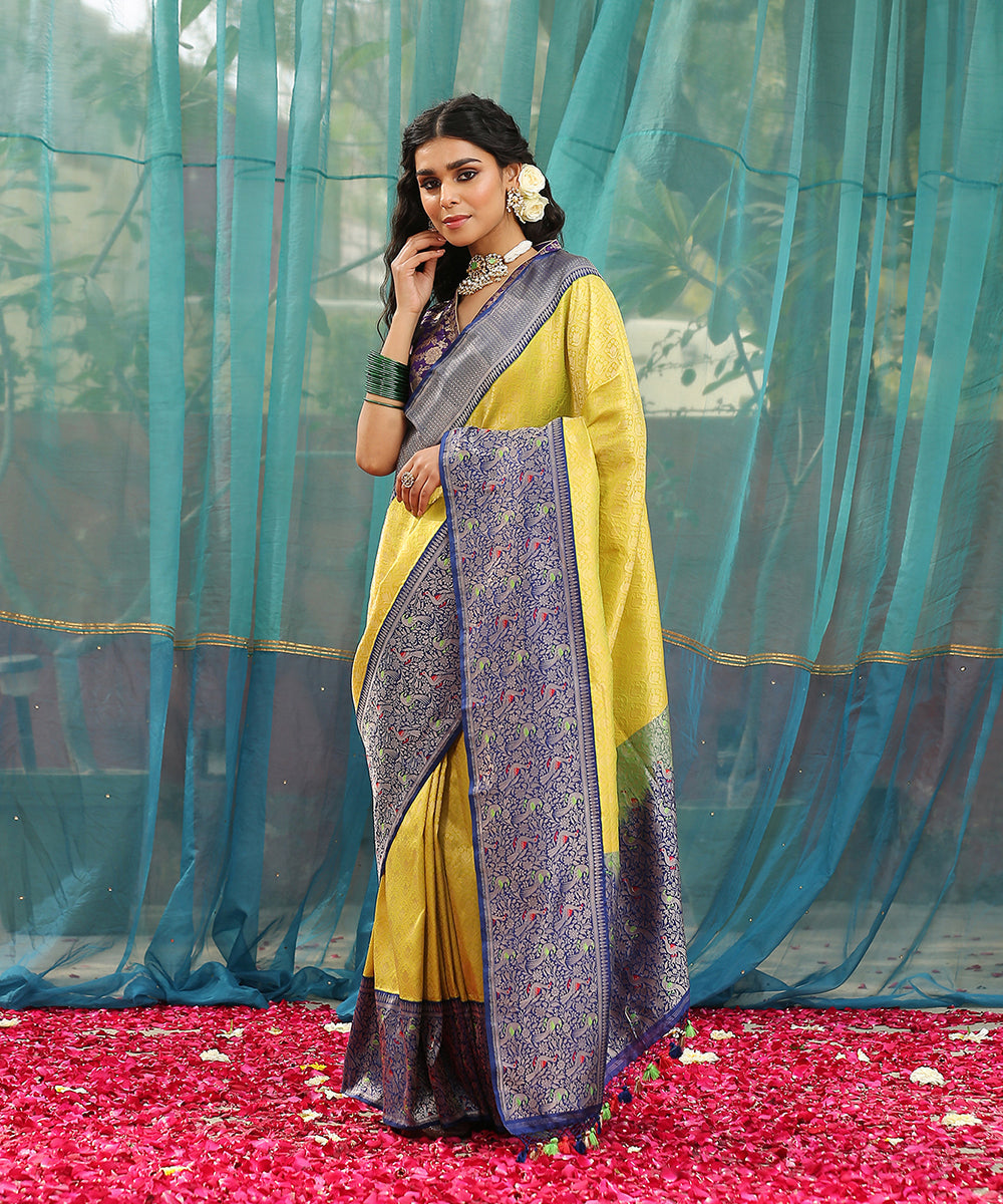 Handloom_Lime_Green_Pure_Katan_Silk_Brocade_Banarasi_Saree_With_Blue_Meenakari_Shikargah_Border_WeaverStory_02