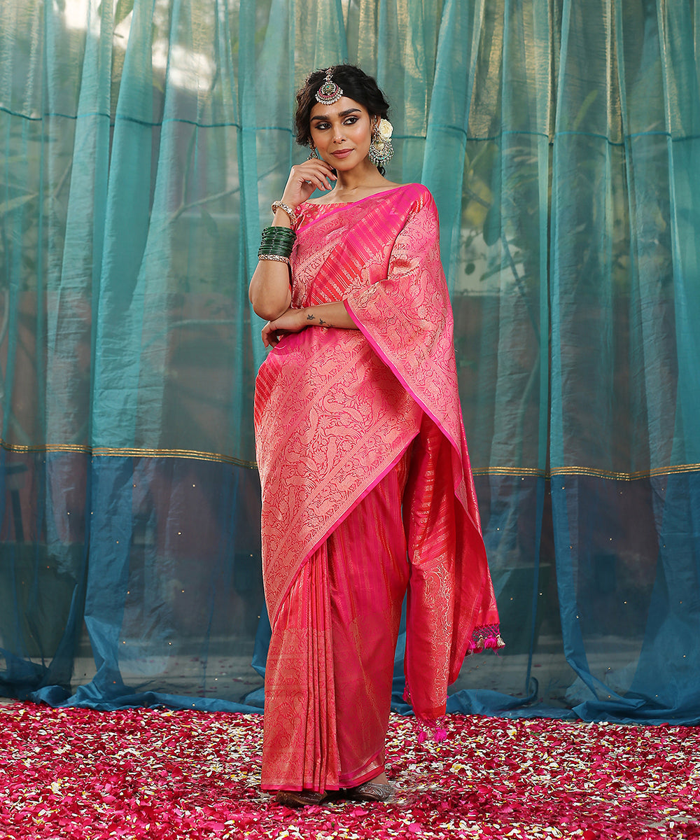 Pink_And_Orange_Handloom_Dual_Tone_Striped_Pure_Katan_Silk_Banarasi_Saree_With_Broad_Shikargah_Border_WeaverStory_02