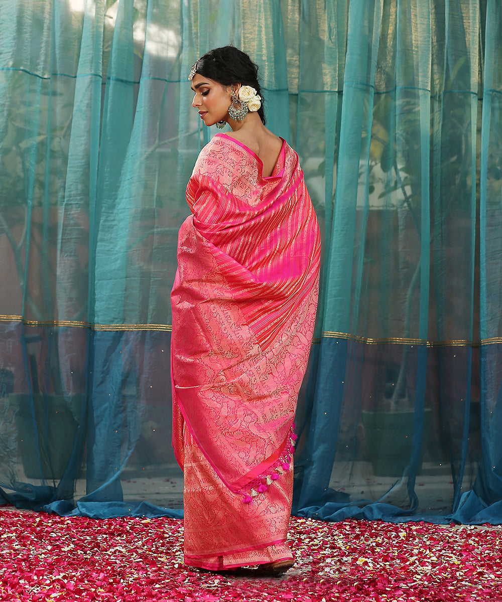 Pink_And_Orange_Handloom_Dual_Tone_Striped_Pure_Katan_Silk_Banarasi_Saree_With_Broad_Shikargah_Border_WeaverStory_03