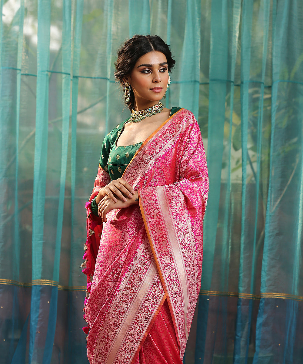Pink_Handloom_Brocade_Shikargah_Pure_Katan_Silk_Banarasi_Saree_With_Birds_WeaverStory_01