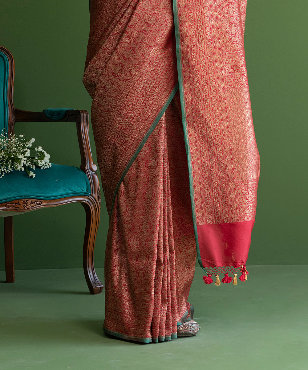 Red_Handloom_Pure_Katan_Silk_Banarasi_Saree_with_Antique_Zari_Mehraab_Jaal_WeaverStory_04