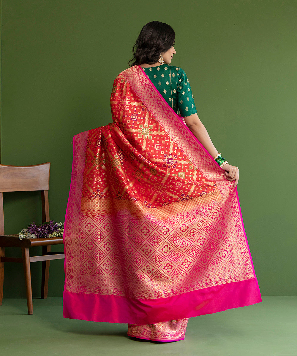 Red_Handloom_Pure_Katan_Silk_Banarasi_Patola_Saree_With_Pink_Border_WeaverStory_03