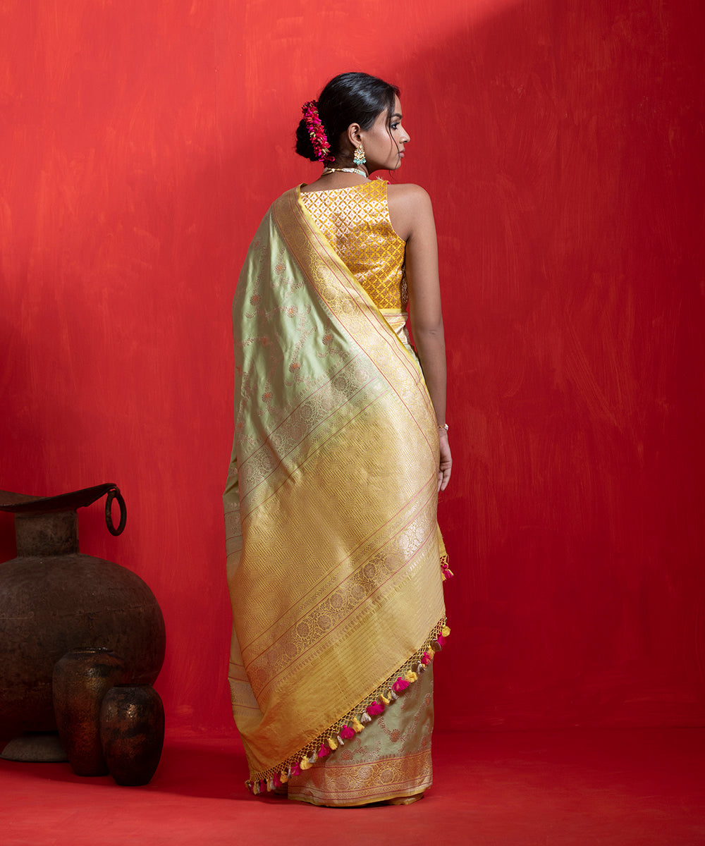 Pista_Green_Handloom_Pure_Katan_Silk_Banarasi_Saree_With_Meenakari_And_Kadhiyal_Yellow_Border_WeaverStory_03