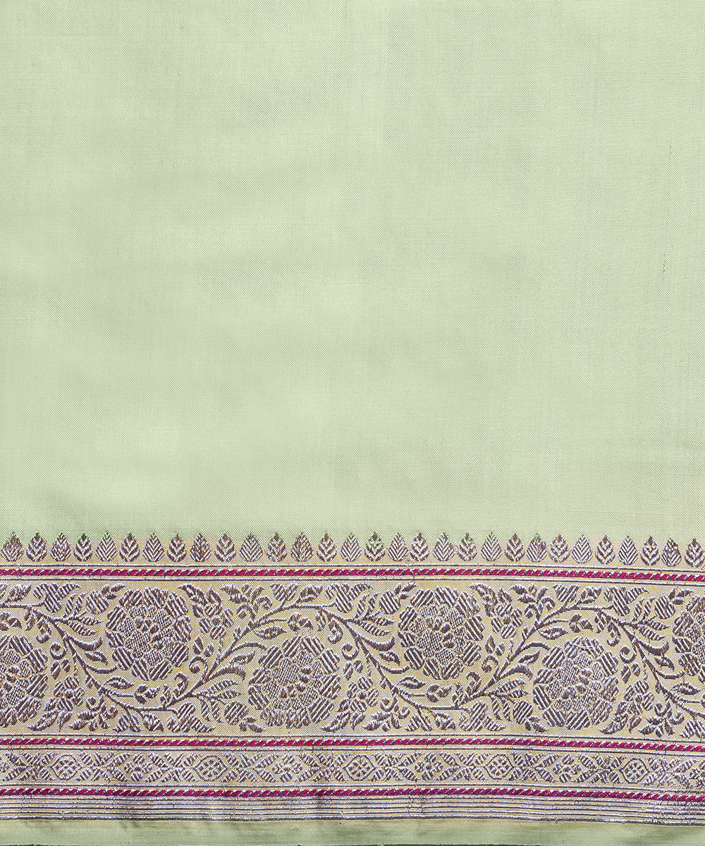 Pista_Green_Handloom_Pure_Katan_Silk_Banarasi_Saree_With_Meenakari_And_Kadhiyal_Yellow_Border_WeaverStory_05