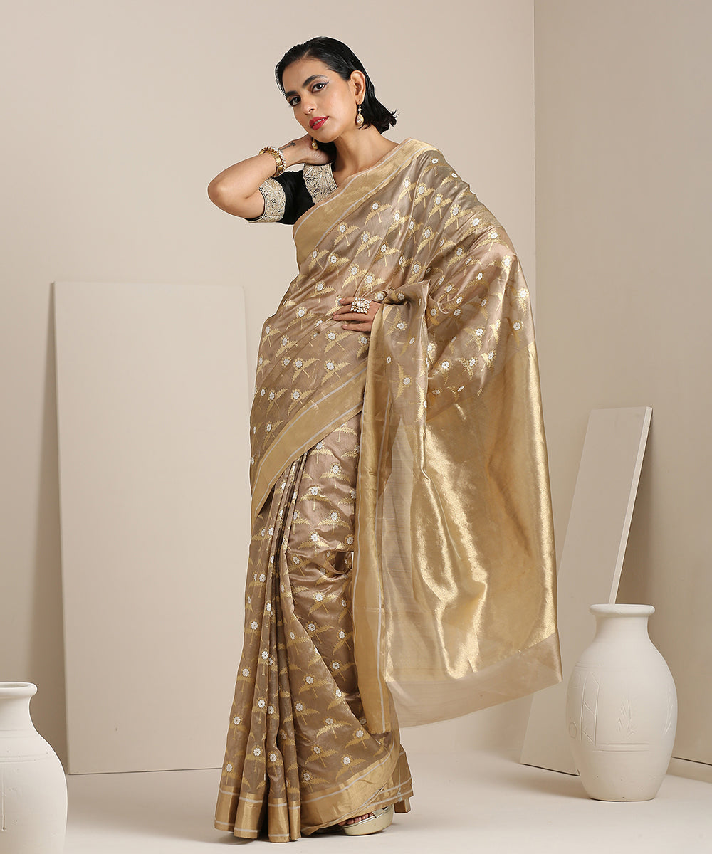 Golden_Beige_Handloom_Chanderi_Silk_Saree_With_Sunflower_Booti_WeaverStory_02