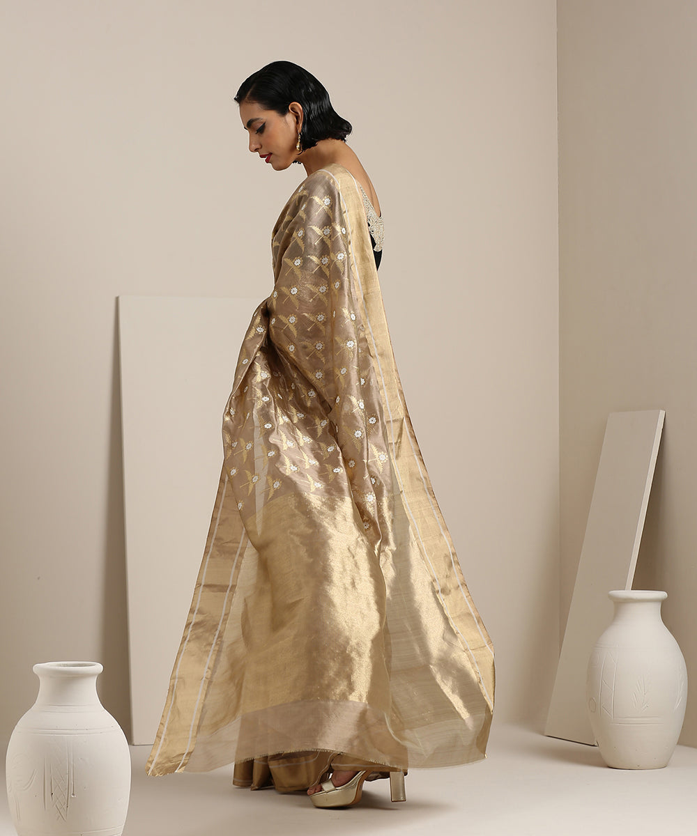 Golden_Beige_Handloom_Chanderi_Silk_Saree_With_Sunflower_Booti_WeaverStory_03