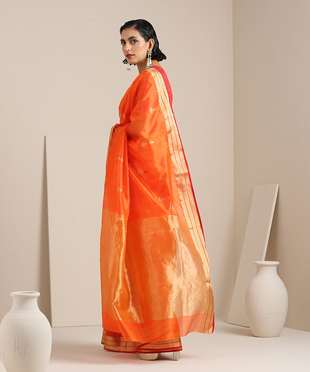 Orange_Handloom_Chanderi_Silk_Saree_With_Gold_Zari_Booti_WeaverStory_03