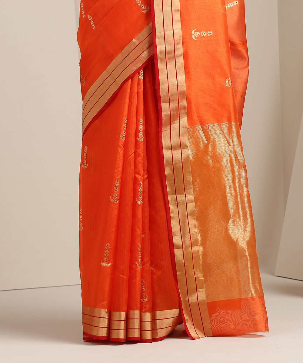 Orange_Handloom_Chanderi_Silk_Saree_With_Gold_Zari_Booti_WeaverStory_04