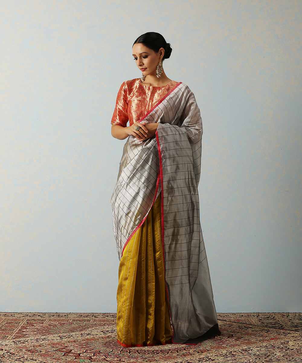 Handloom_Grey_Chanderi_Silk_Saree_With_Black_Stripes_WeaverStory_02