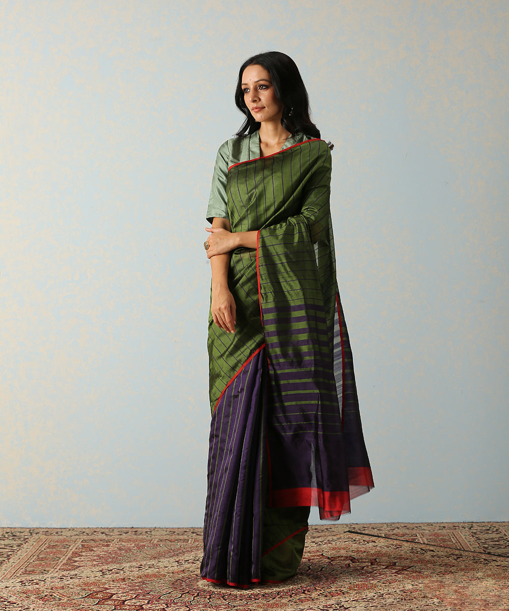 Green_Handloom_Eknaliya_Chanderi_Silk_Saree_With_Blue_Stripes_WeaverStory_02
