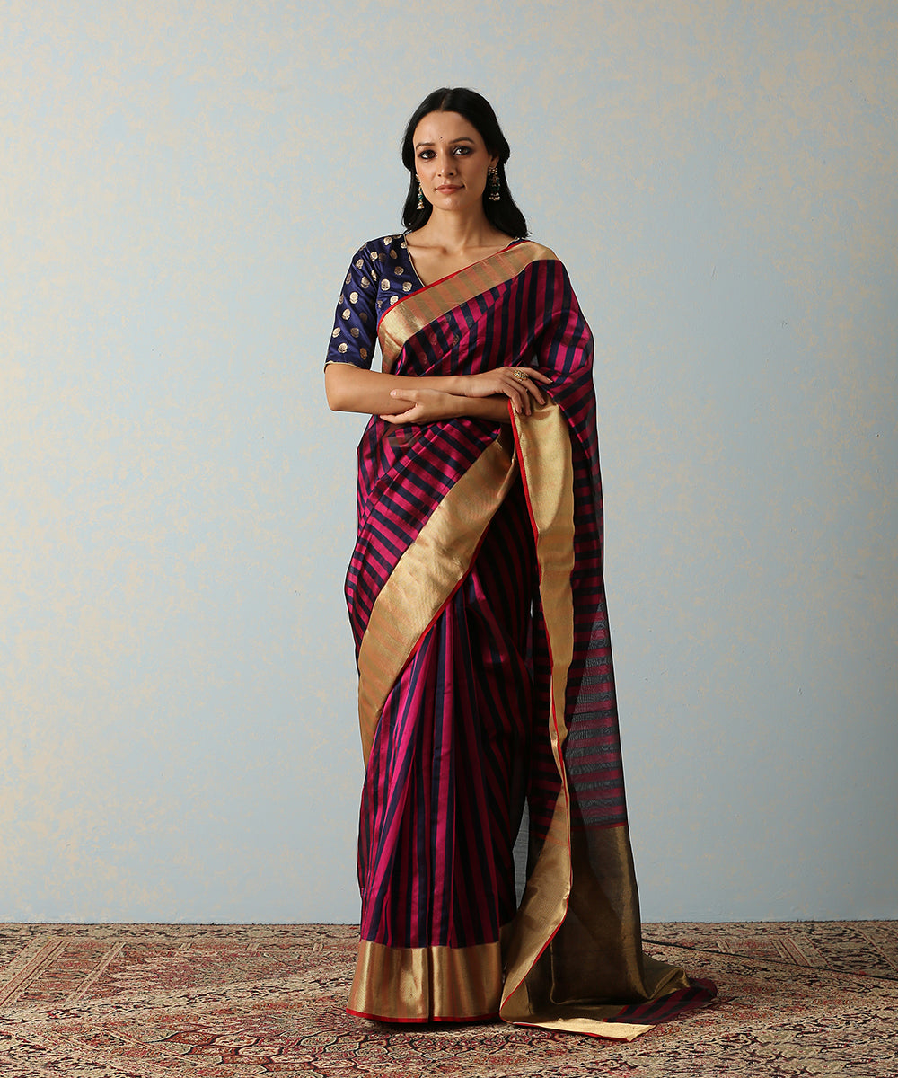 Plum_And_Blue_Handloom_Striped_Chanderi_Saree_With_Zari_Border_WeaverStory_02