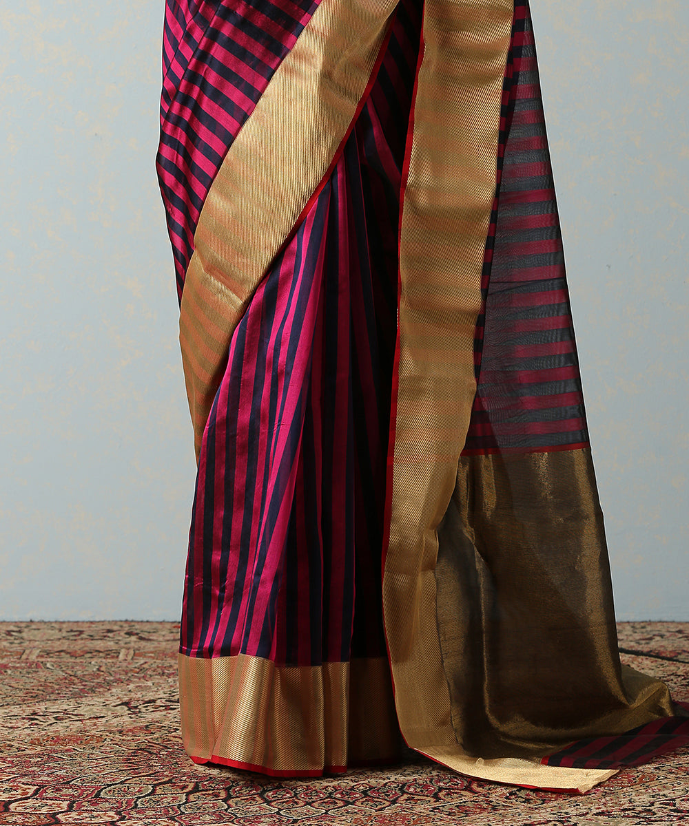 Plum_And_Blue_Handloom_Striped_Chanderi_Saree_With_Zari_Border_WeaverStory_04