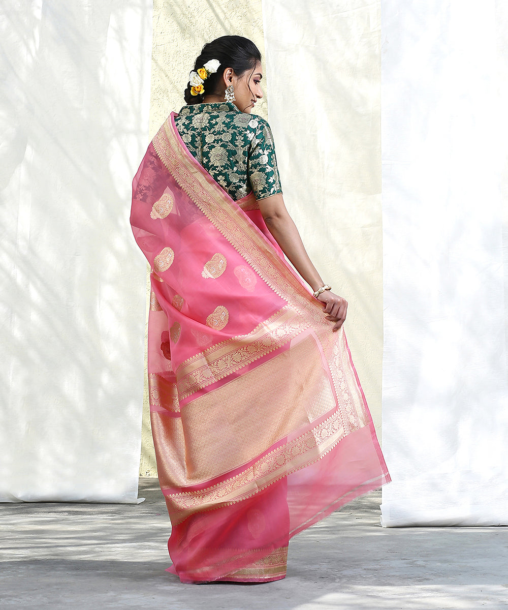 Pink_Handloom_Kora_Silk_Banarasi_Saree_With_Gold_Paisley_Motifs_With_Silver_Meenakari_WeaverStory_03