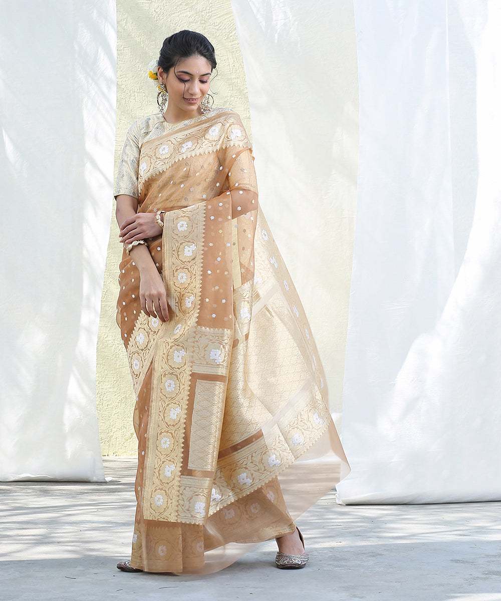 Brown_Handloom_Kora_Silk_Banarasi_Saree_With_Small_Gold_And_Silver_Zari_Booti_WeaverStory_02