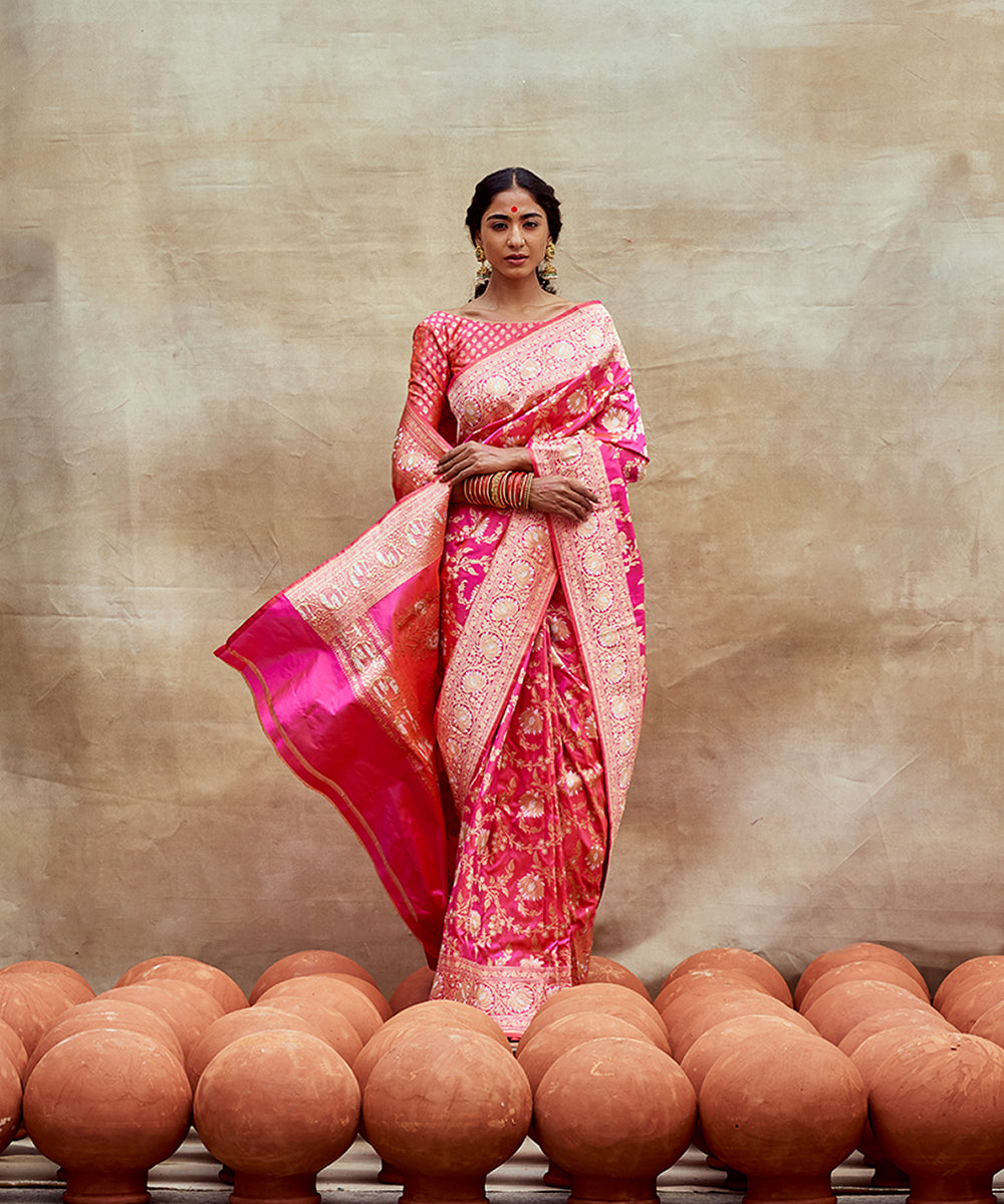 Handloom_Rani_Pink_Pure_Katan_Silk_Banarasi_Saree_with_Zari_Jaal_WeaverStory_03