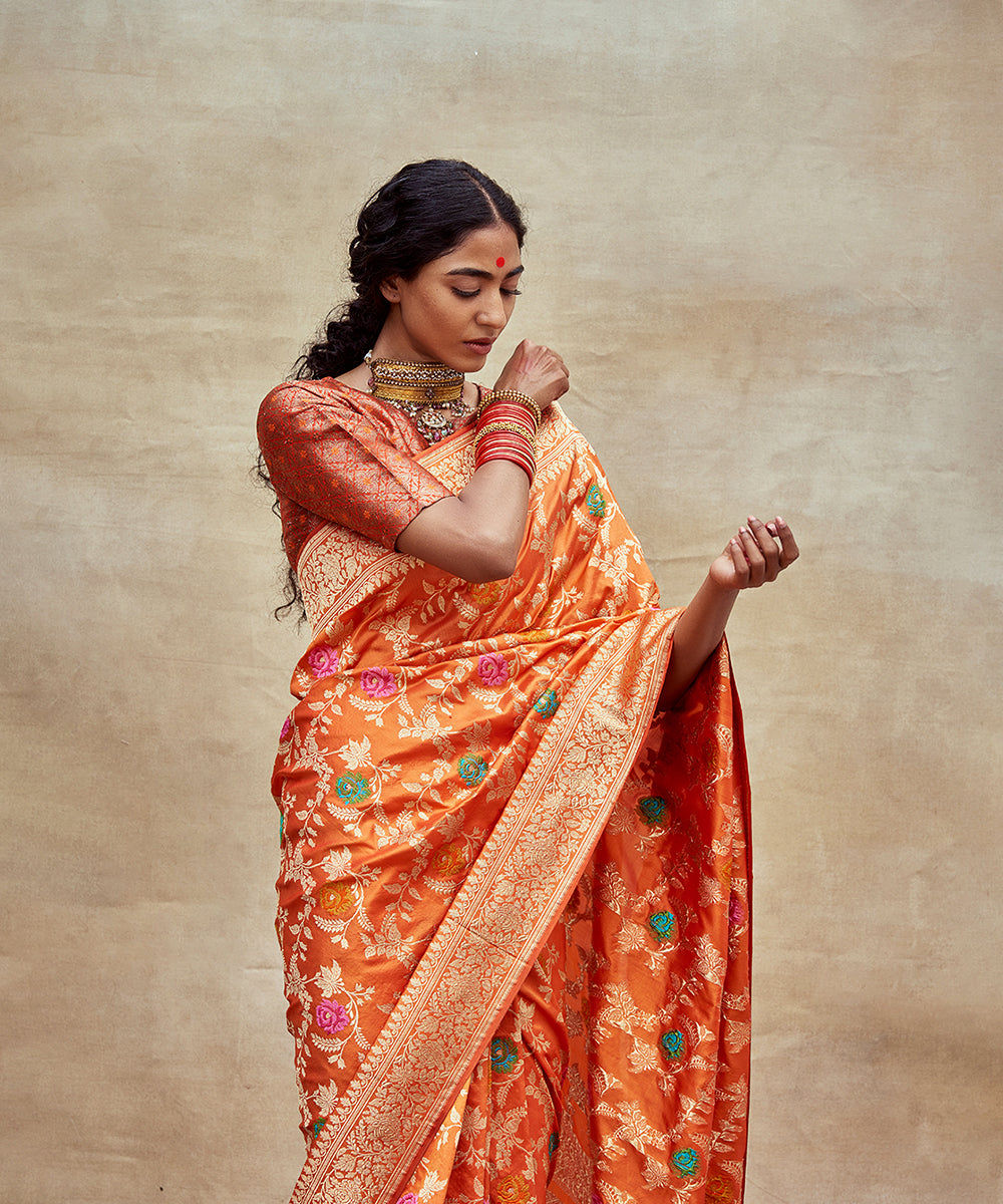 Orange_Handloom_Pure_Katan_Silk_Saree_Banarasi_Saree_with_Sona_Rupa_Jaal_WeaverStory_01