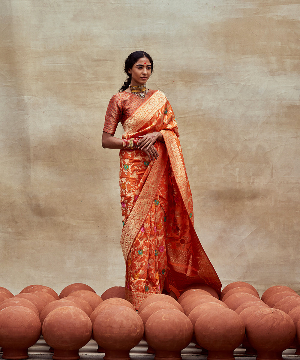 Orange_Handloom_Pure_Katan_Silk_Saree_Banarasi_Saree_with_Sona_Rupa_Jaal_WeaverStory_02