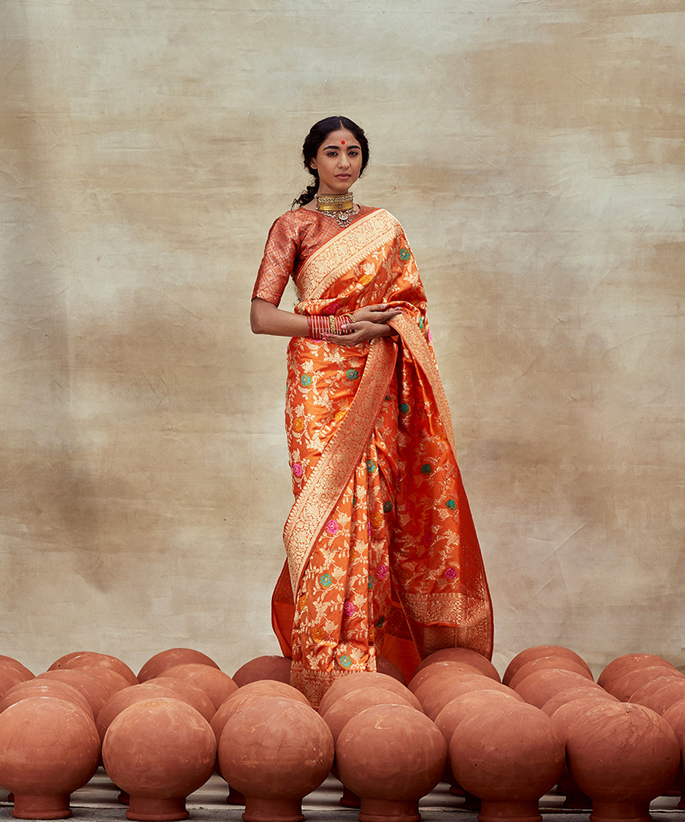 Orange_Handloom_Pure_Katan_Silk_Saree_Banarasi_Saree_with_Sona_Rupa_Jaal_WeaverStory_03