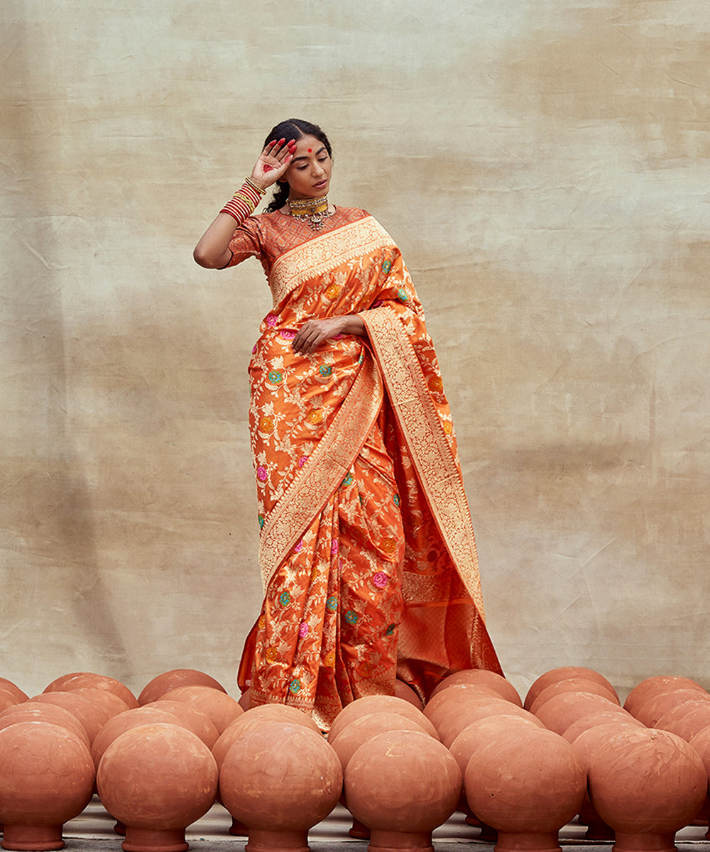 Orange_Handloom_Pure_Katan_Silk_Saree_Banarasi_Saree_with_Sona_Rupa_Jaal_WeaverStory_04