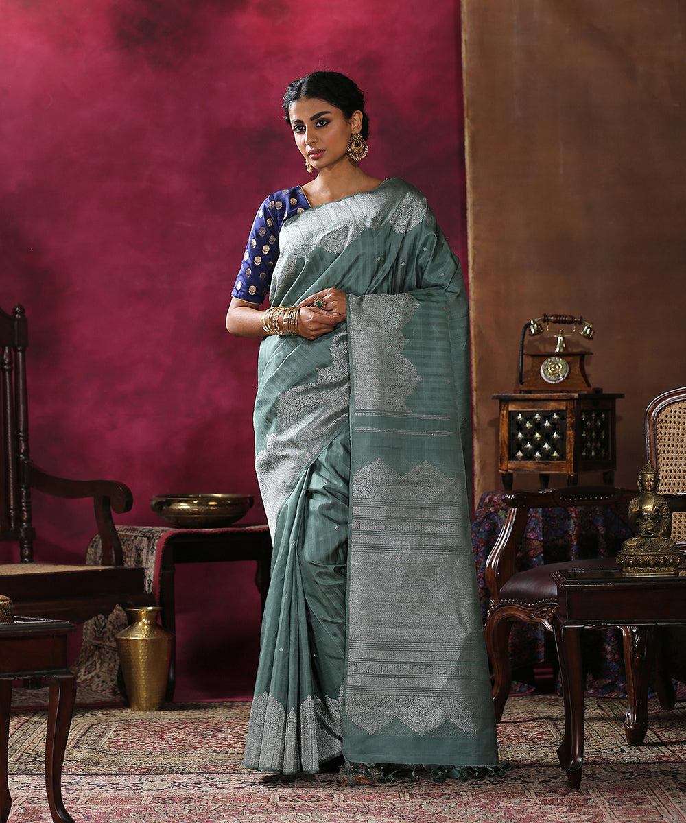 Sage_Green_Handloom_Pure_Silk_Kanjivaram_Saree_With_Silver_Zari_Arched_Border_WeaverStory_02