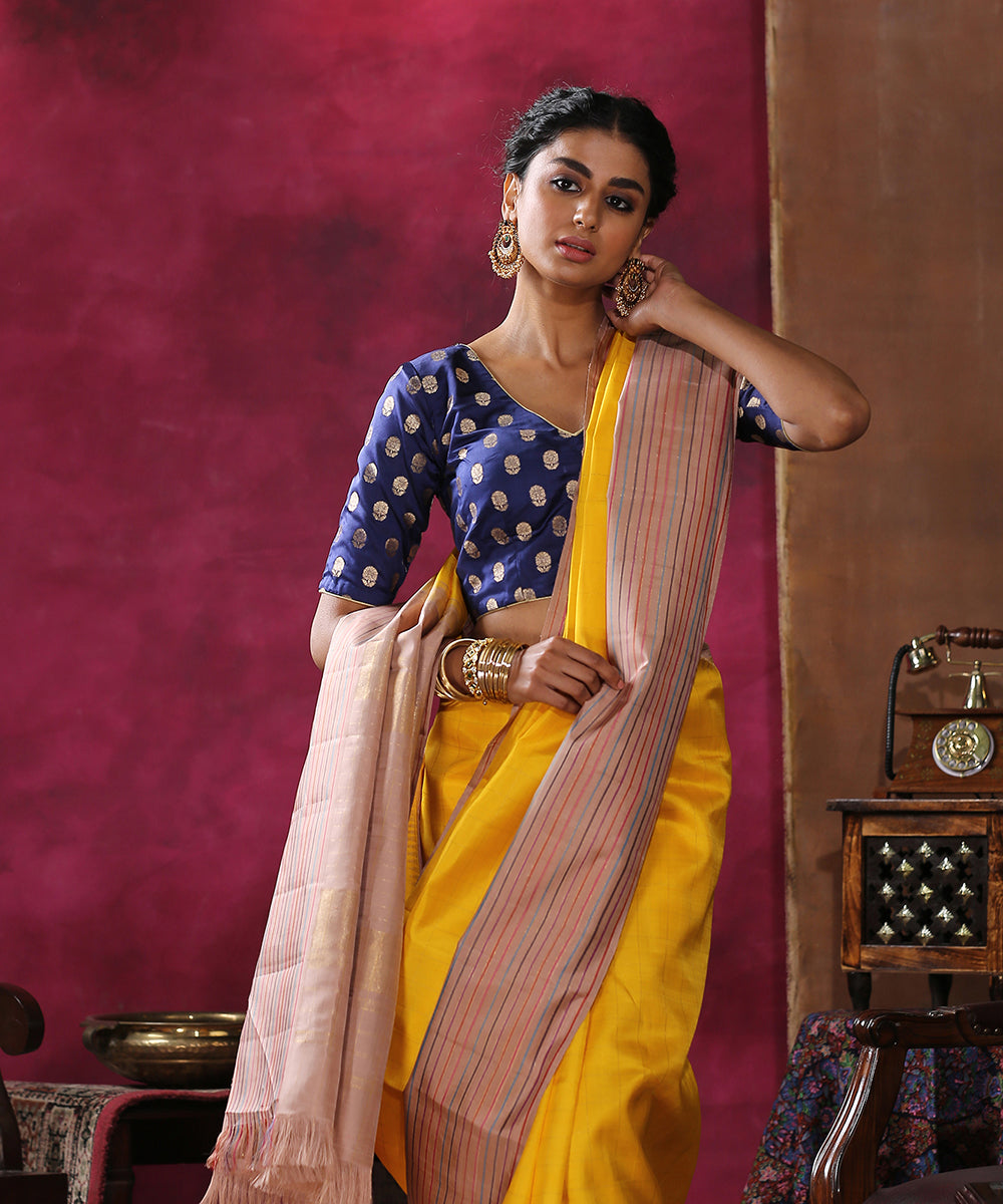 Handloom_Yellow_Pure_Silk_Kanjivaram_Saree_With_Beige_Colorful_Stripes_Border_WeaverStory_01