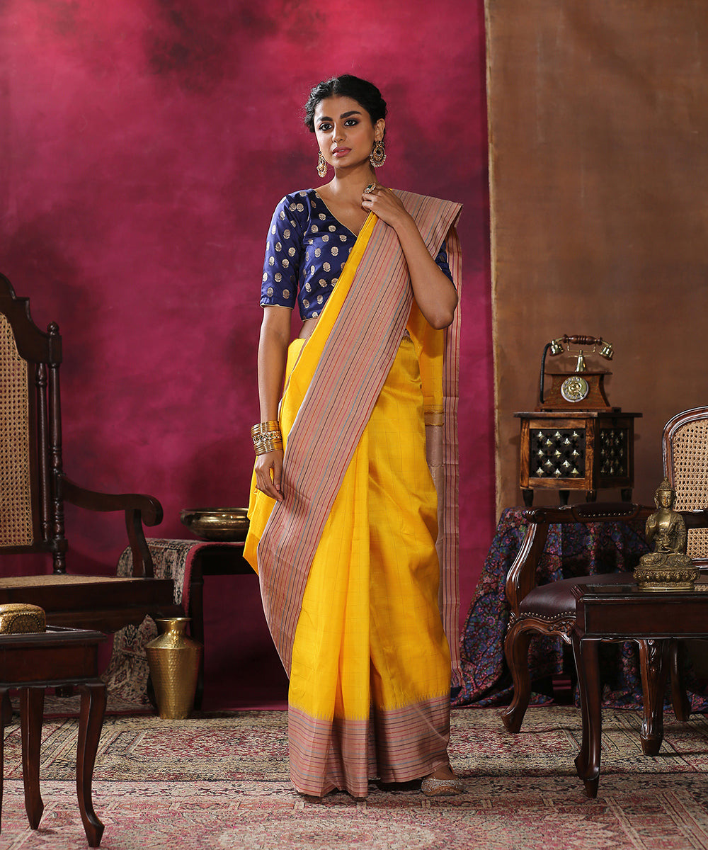 Handloom_Yellow_Pure_Silk_Kanjivaram_Saree_With_Beige_Colorful_Stripes_Border_WeaverStory_02