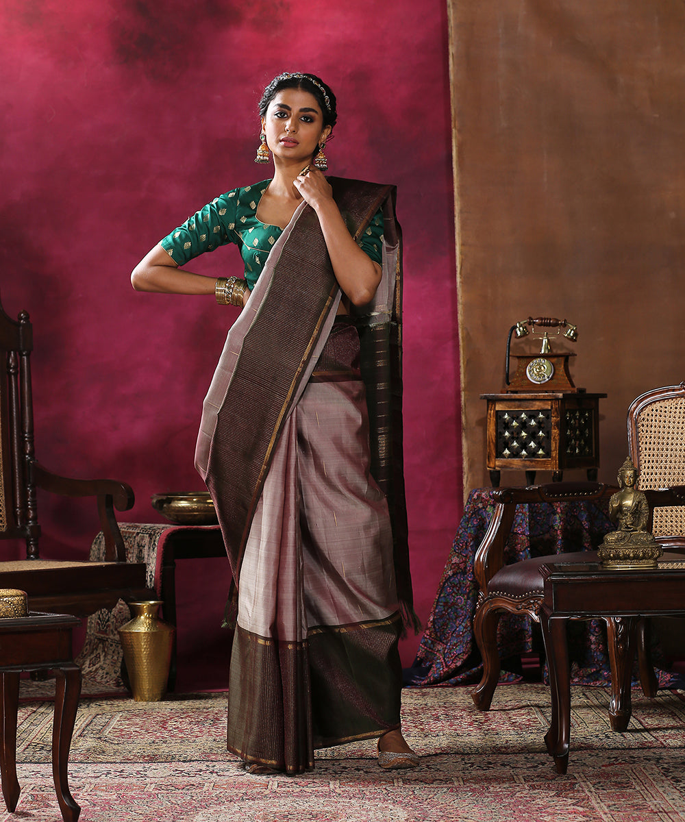 Handloom_Brown_Pure_Zari_Kanjivaram_Saree_With_Green_Vaira_Oosi_Border_WeaverStory_02
