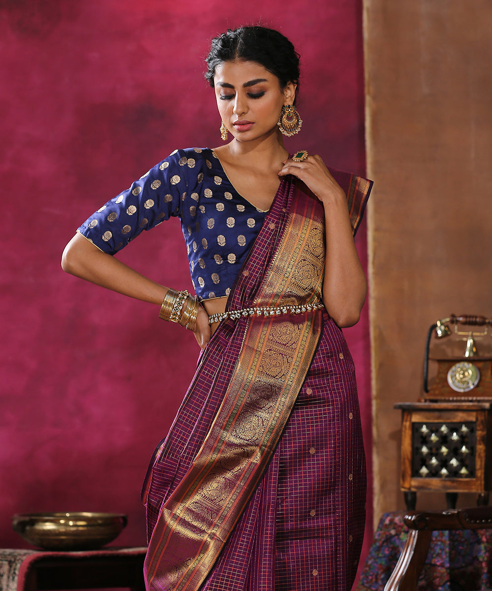 Purple_Handloom_Pure_Silk_Kanjivaram_Saree_With_Checks_And_Broad_Border_Saree_WeaverStory_01